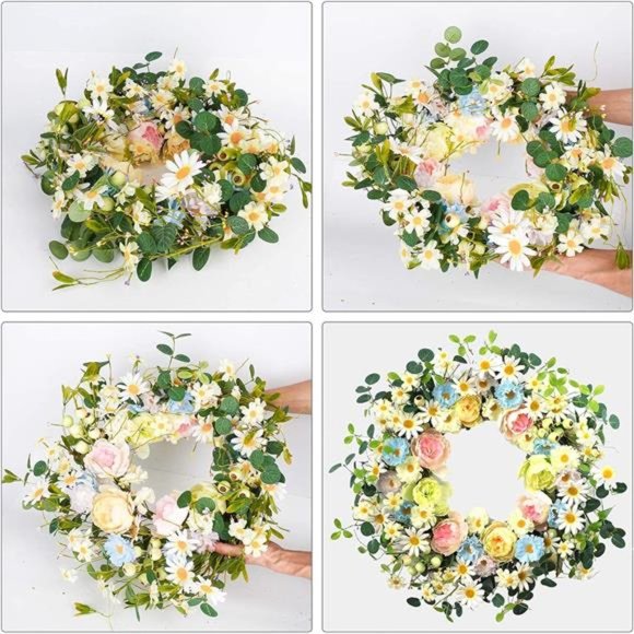 24” Artificial Flower Wreath,Daisy and Rose Wreath Colorful Spring/Summer Floral - Picture 6 of 7